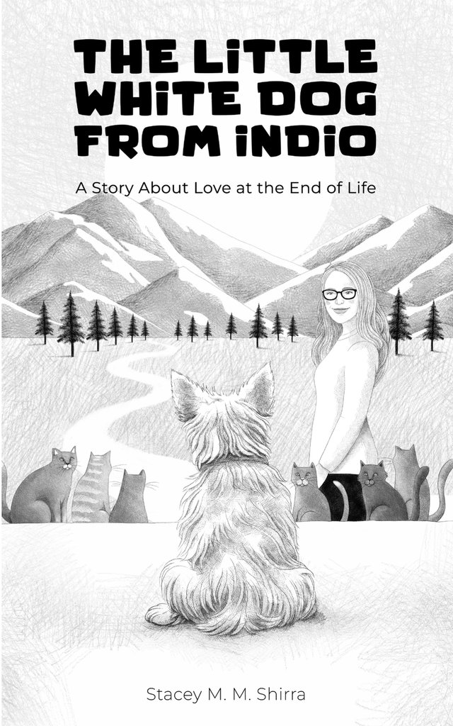 Book cover: a small white dog sits in the snow with six cats and a woman, facing a range of mountains, drawn in pencil.